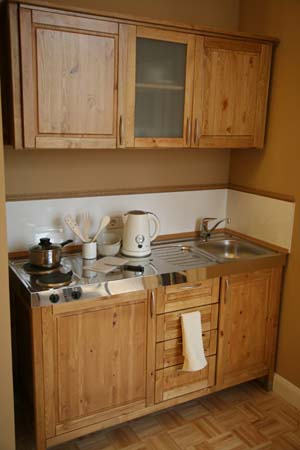 3 person 1 room apartment with king bed, an extra bed, private facilities, and breakfast